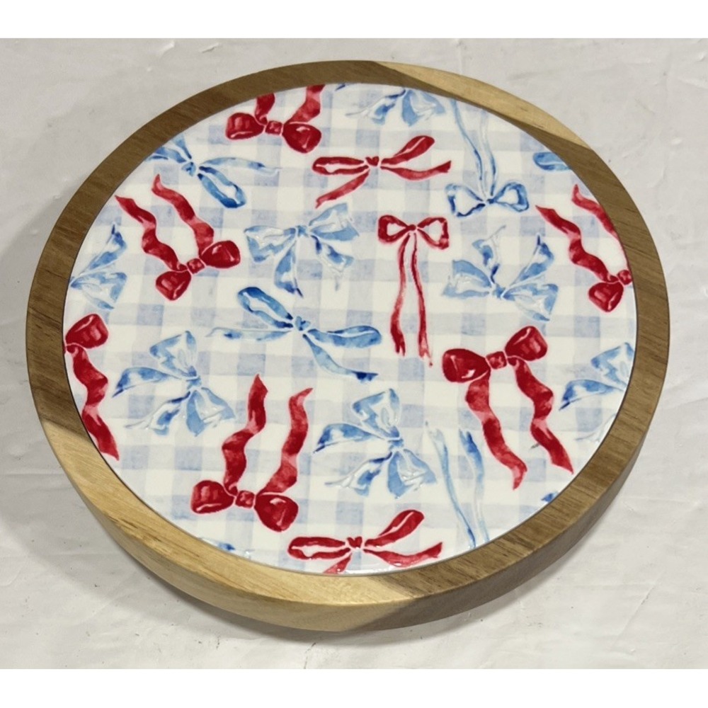 New Fresh Box Acacia Wood Trivet Red White Blue Bows Ceramic Insert Footed 6.5"